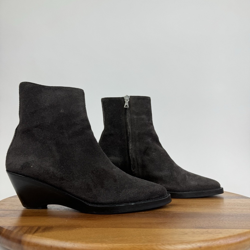 Womens Jack Erwin Gray Suede Myra Zip Mini‎ Wedge Ankle Boots Booties Size 5.5 M